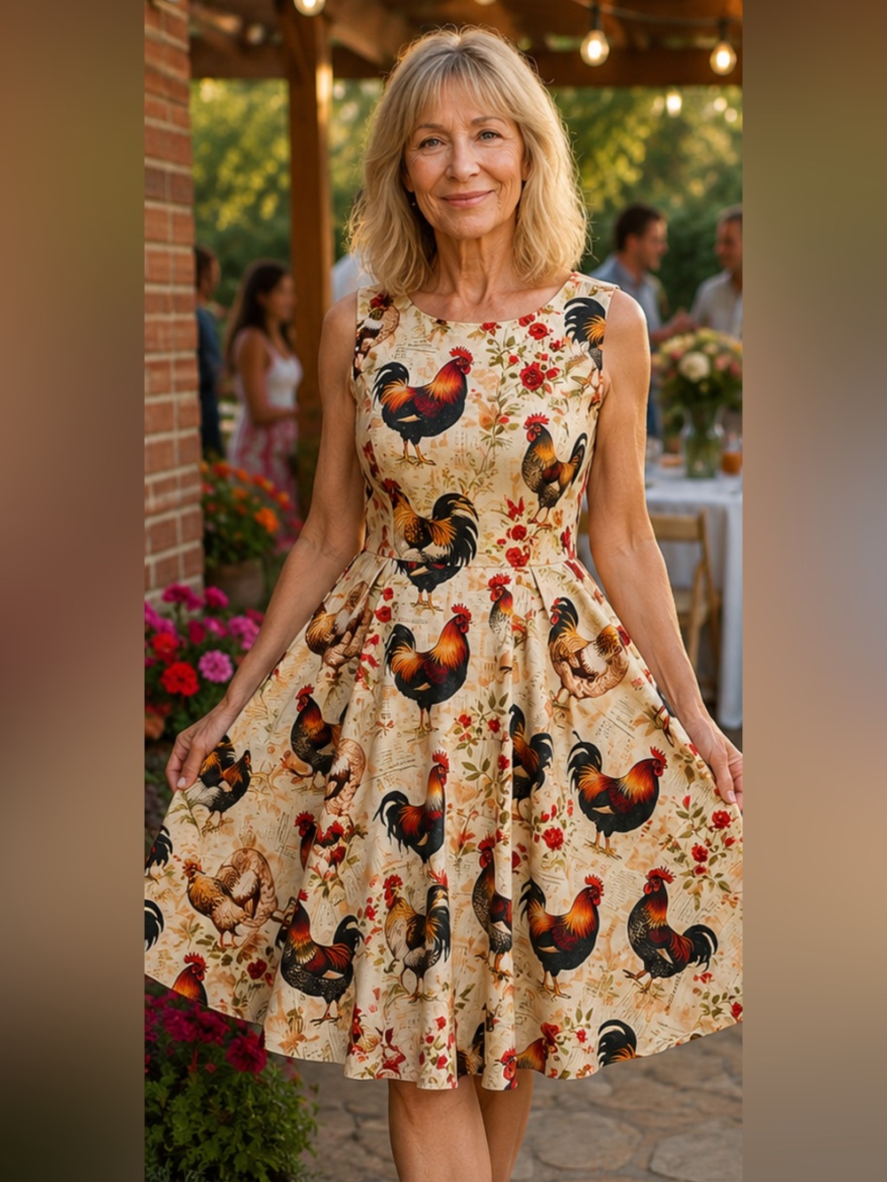Rooster Print Fit & Flare Skater Dress | Sleeveless | Vintage Farmhouse Style OS